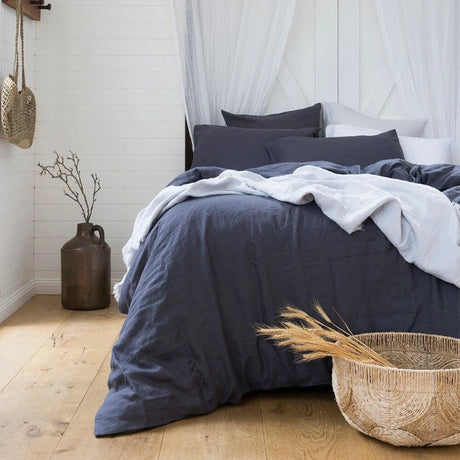 Super King duvet cover set in charcoal, made from soft, breathable French linen for luxurious comfort and style.