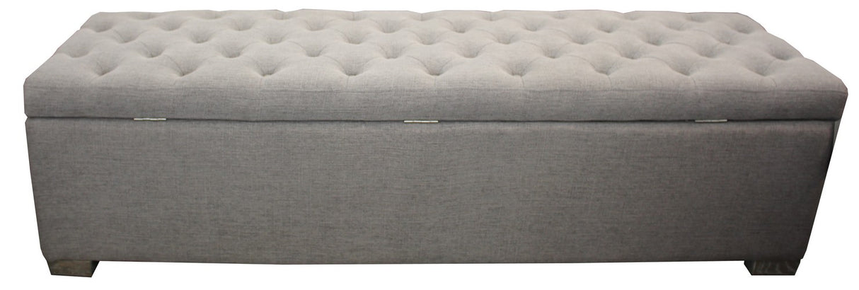 Grey linen Ottoman blanket box with durable timber frame, metal handles, and ample storage for blankets and pillows.