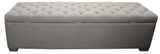 Grey linen Ottoman blanket box with durable timber frame, metal handles, and ample storage for blankets and pillows.