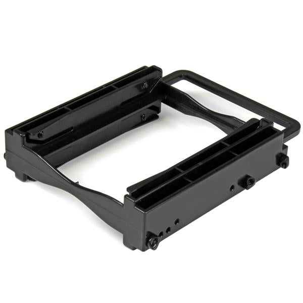 Dual SSD/HDD mounting bracket for 3.5" bay, tool-less design, fits two 2.5" drives, durable construction, easy installation.