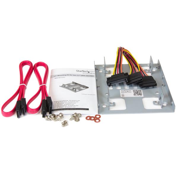 Dual 2.5" SATA HDD/SSD adapter for 3.5" bay, mounts two drives, includes cables, sturdy steel construction, lifetime warranty.