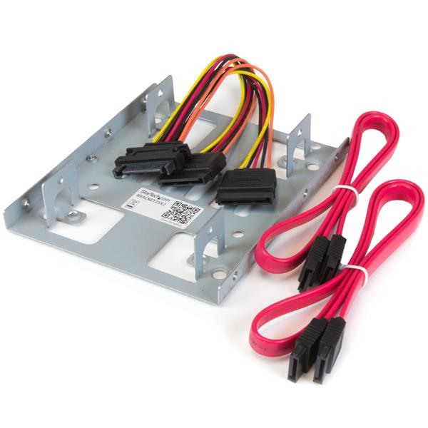 Dual 2.5” SATA to 3.5” mounting bracket for installing two HDDs/SSDs, featuring steel construction and easy installation.