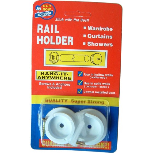 Slimline white plastic wardrobe rail sockets for 26mm rails, providing sturdy support and easy installation with included screws.