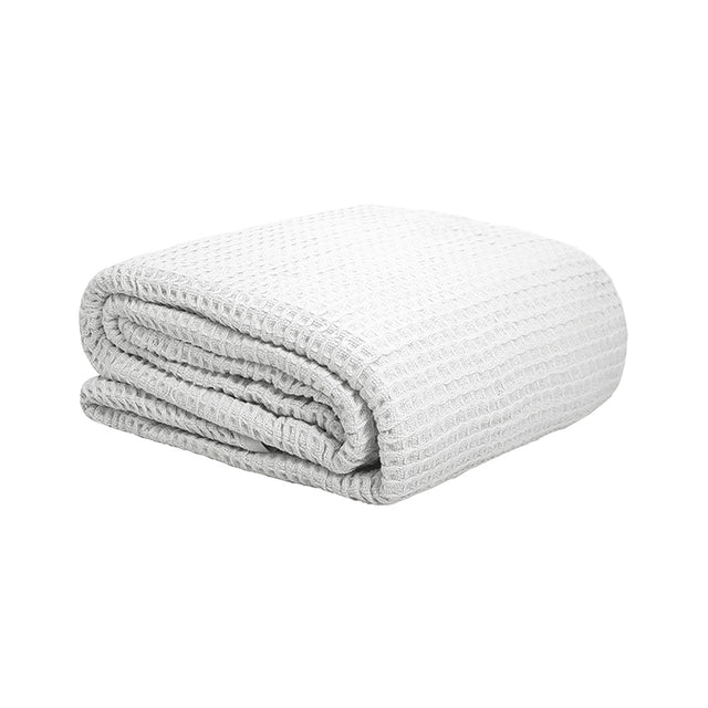 White Waffle Weave Blanket, 240x260cm, 100% cotton, lightweight, breathable, perfect for Queen/King beds, stylish for year-round use.