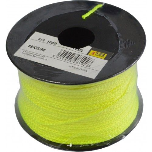 Fluorescent #12 braided builders line on reel, 100m, strong and durable for precision marking and measuring in construction tasks.