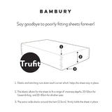 Bambury Tru Fit King Single Fitted Sheet in White, 100% cotton, snug fit for 20-50cm deep mattresses, ensuring comfort and breathability.