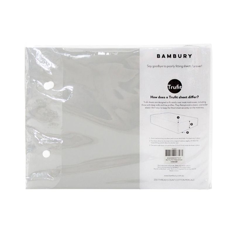 Silver Bambury Tru Fit King fitted sheet, made from 100% cotton, designed for snug fit on mattresses 20-50cm deep.