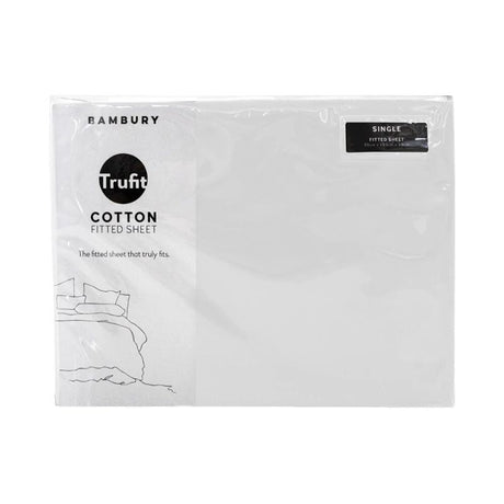 White Bambury Tru Fit Double Fitted Sheet made from 100% cotton, designed for snug fit on mattresses 20-50cm deep.