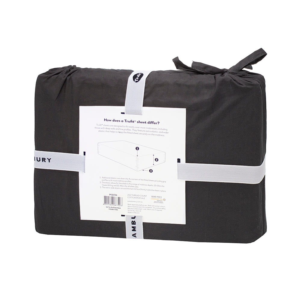 King sheet set in charcoal with tru fit design, featuring fitted sheet, flat sheet, and 2 pillowcases for ultimate comfort.