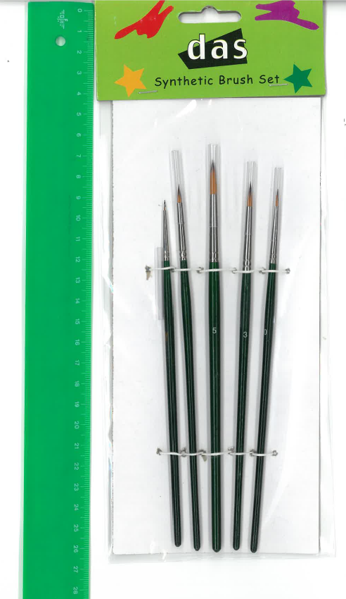 Premium synthetic round brushes in a set of five for precise painting with acrylics, oils, and watercolors.