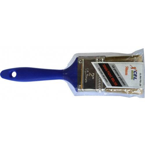 Economical 50mm paint brush with blue plastic handle and soft polyester bristles for smooth application.