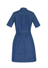 Delta Dress in Dark Blue, size 6, features 100% cotton, button-through design, waist tie, deep pockets, and drop-tail hem.