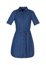 Dark blue Delta Dress in size 20 features a button-through design, waist tie, pockets, and a stylish drop-tail hemline.
