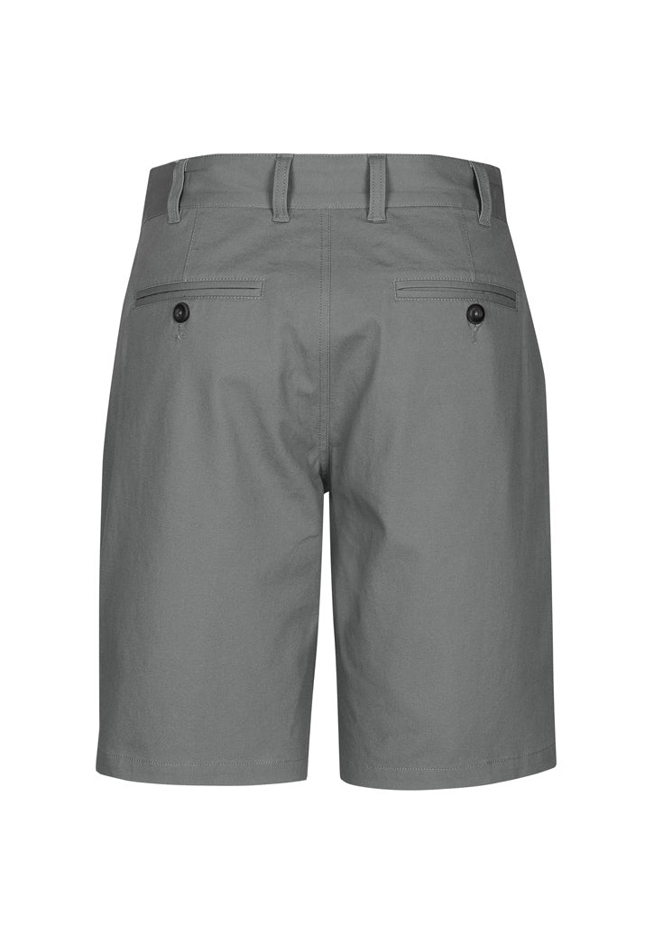 Men's grey chino shorts with a modern midrise fit, featuring pockets and a soft, garment-washed cotton blend for all-day comfort.