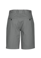 Men's grey chino shorts with a modern midrise fit, featuring pockets and a soft, garment-washed cotton blend for all-day comfort.