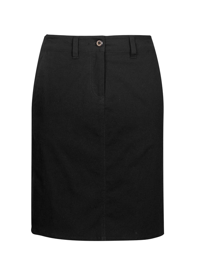 Lawson Ladies Chino Skirt in black, size 16, featuring a soft A-line silhouette, pockets, and breathable stretch fabric.