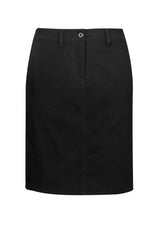 Lawson Ladies Chino Skirt in black, size 14, featuring a curved waistband, pockets, and a flattering A-line cut.