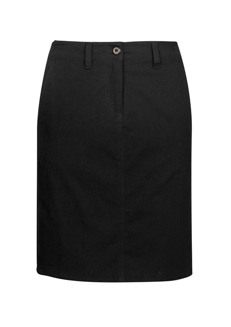 Lawson Ladies Chino Skirt in Black, size 20, featuring stretch fabric, angled pockets, and a flattering A-line silhouette.