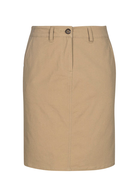 Lawson Ladies Chino Skirt in Dark Stone, size 14, featuring a flattering A-line design, pockets, and comfortable stretch fabric.