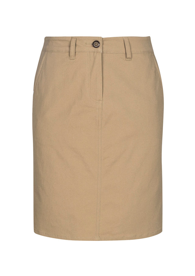 Lawson Ladies Chino Skirt in Dark Stone, size 14, featuring a flattering A-line design, pockets, and comfortable stretch fabric.