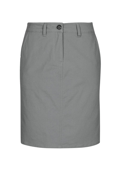 Lawson Ladies Chino Skirt in grey, featuring a flattering A-line shape, side and back pockets, and lightweight stretch fabric.