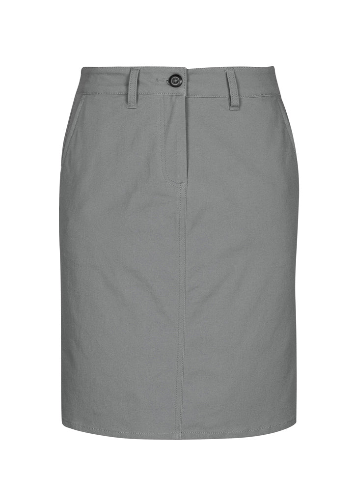 Grey Lawson Ladies Chino Skirt, size 12, featuring a curved waistband, pockets, and an A-line silhouette for stylish comfort.