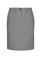 Grey Lawson Ladies Chino Skirt, size 12, featuring a curved waistband, pockets, and an A-line silhouette for stylish comfort.
