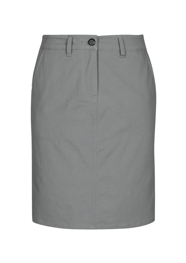 Grey Lawson Ladies Chino Skirt, size 12, featuring a curved waistband, pockets, and an A-line silhouette for stylish comfort.