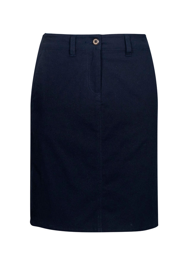 Navy Lawson ladies chino skirt size 24 with curved waistband, angled pockets, and a soft A-line cut for versatile style.