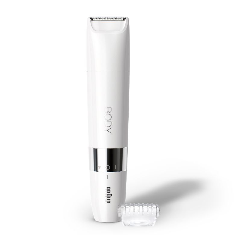 Braun BS1000 Body Mini Trimmer in white, compact and waterproof for efficient, precise grooming of sensitive areas.