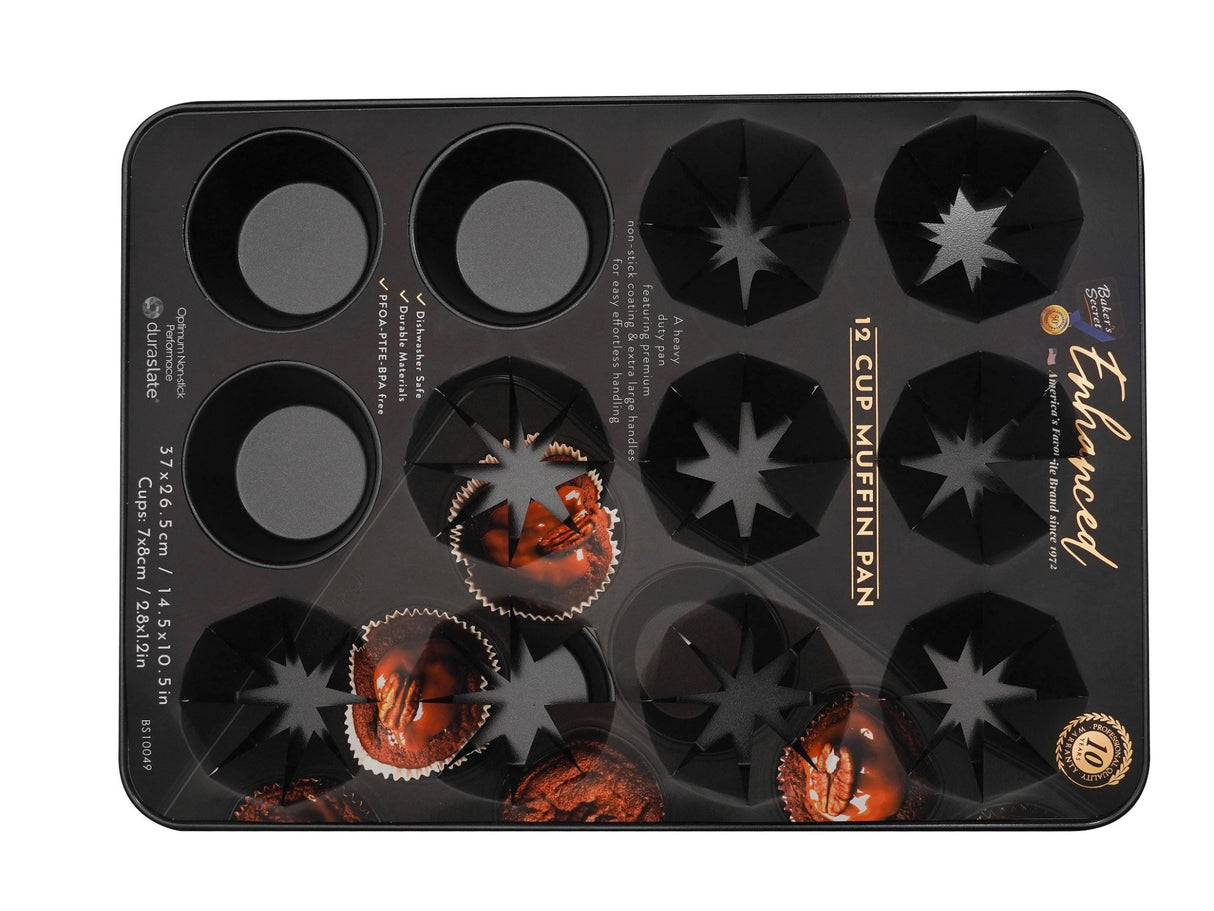 Non-stick 12-cup muffin tin from Baker's Secret, designed for easy release and consistent baking results.