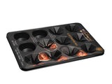 Baker's Secret 12 Cup Muffin Tin with non-stick coating for easy release, durable metal for even heating, and dishwasher safe.