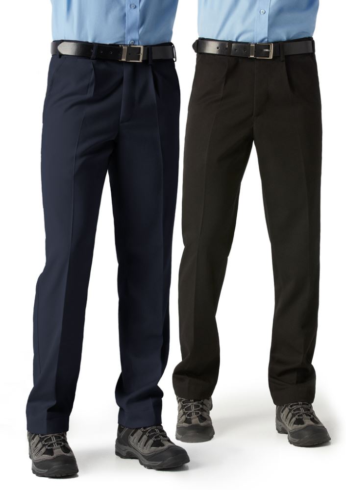 Men's navy Detroit Pants size 72, featuring Teflon® stain resistance, Flexiband waistband, and practical pocket design.