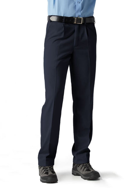 Men's Navy Detroit Pants, regular fit, stain-resistant, flex waistband, stylish single pleat, perfect for business casual wear.