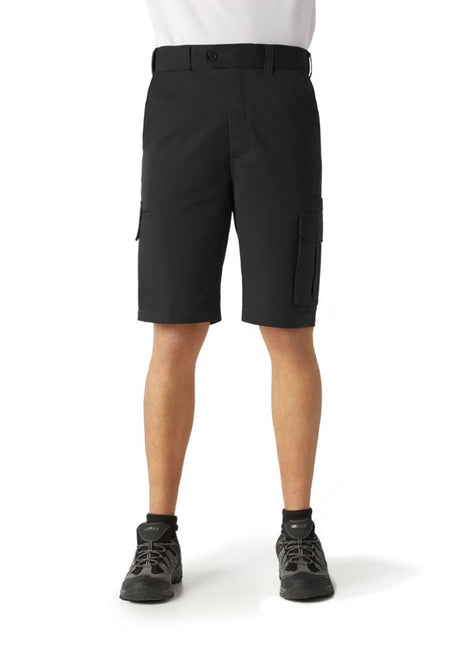 Mens Detroit Short in Stout Black, size 102, featuring stain-resistant fabric, multiple pockets, and a flexible waistband for comfort.