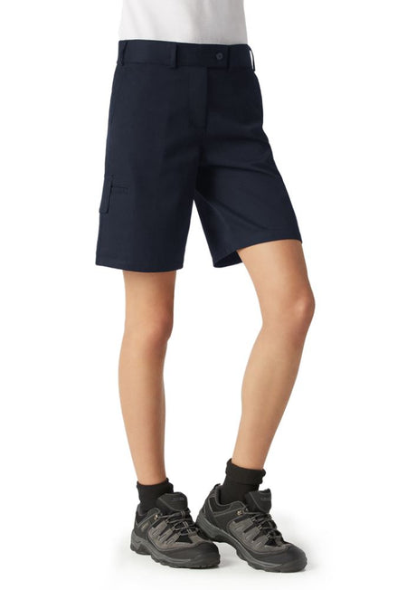 Navy ladies shorts with Teflon stain resistance, side and rear pockets, and a flattering fit, tailored for comfort and style.
