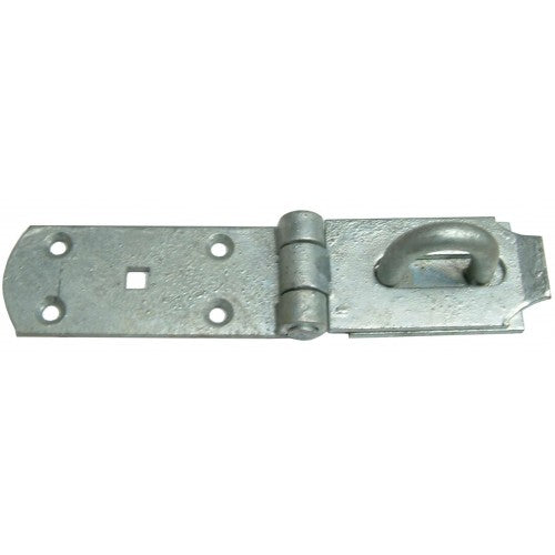 Heavy-duty zinc-plated brass hasp and staple, 200mm long, 45mm wide, ideal for securing gates and toolboxes.