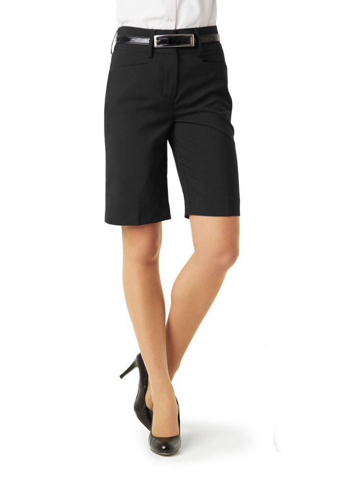 Ladies Classic Black Shorts in Size 16, featuring easy-care fabric, mechanical stretch, and versatile styling options.