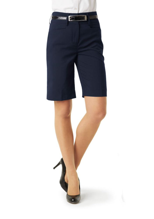 Ladies Classic Navy Shorts in size 10, featuring lightweight fabric, 2-way belt loops, and L-shaped pockets for stylish comfort.