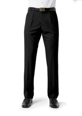 Men's black pleat front pants in size 77, featuring a modern design, easy-care stretch fabric, and multiple pockets for convenience.