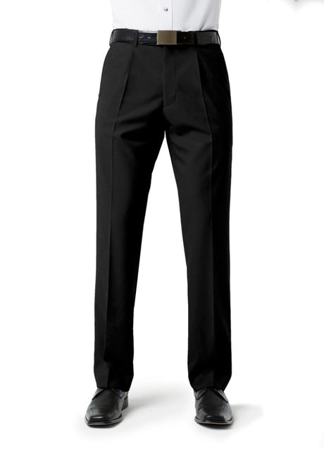 Mens Classic Pleat Front Pant in black, size 87, featuring a single pleat, easy-care fabric, and practical pockets for comfort and style.