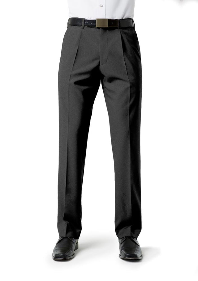 Men's charcoal pleat front pants in size 102, featuring stretch fabric, pockets, and a tailored fit for professional wear.