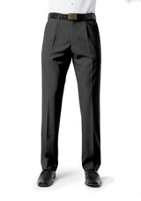Men's charcoal pleat front pants by Biz Collection, size 112, featuring easy-care fabric and modern style with multiple pockets.