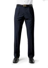 Men's navy pleat front pants from Biz Collection, size 82, featuring easy-care fabric, pockets, and a tailored fit.