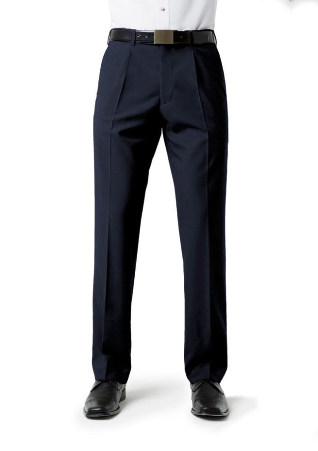 Men's navy pleat front pants from Biz Collection, size 82, featuring easy-care fabric, pockets, and a tailored fit.