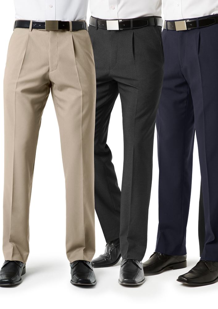 Men's classic navy pleat front pants, size 82, featuring a mechanical stretch for comfort and functional pockets, by Biz Collection.