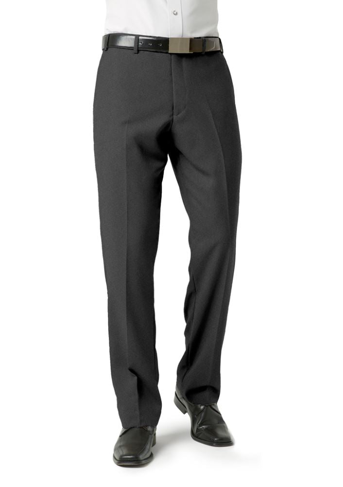 Men's charcoal flat front pants in size 127, featuring a modern design, easy care fabric, and flexible stretch for comfort.