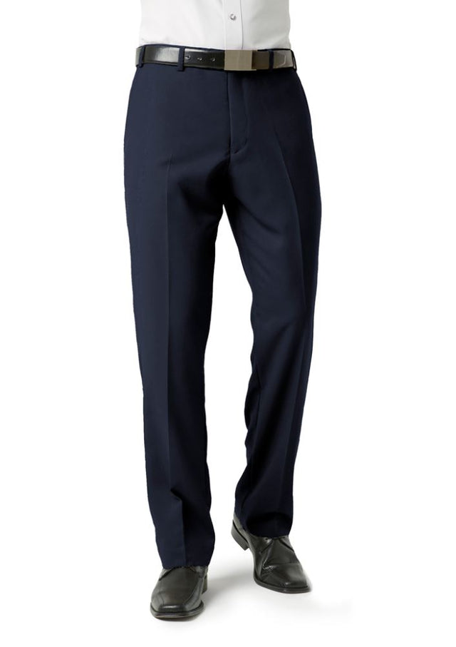 Men's navy flat front pants, size 102, featuring comfortable mechanical stretch fabric and practical pockets for versatile style.