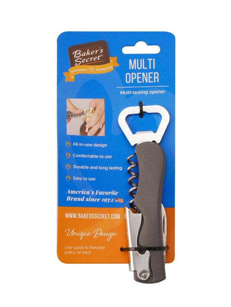 Compact 13cm multi-functional wine opener with corkscrew, bottle opener, and foil cutter for effortless serving.