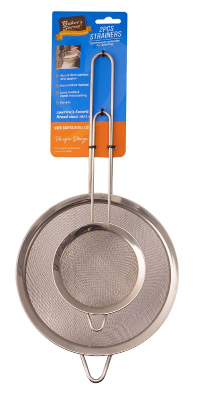 Stainless steel strainer set (2PC) with 10cm and 18cm sizes, rust-resistant, durable, featuring long handles for easy straining.